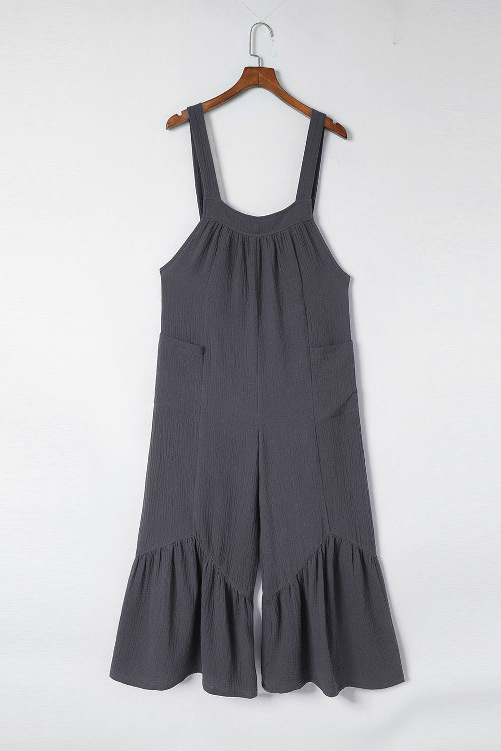 Grey Solid Color Sleeveless Flare Leg Jumpsuit with Pockets