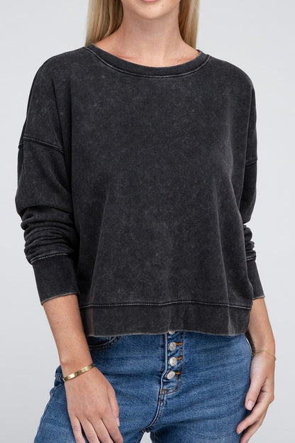 Zenana French Terry Acid Wash Boat Neck Pullover