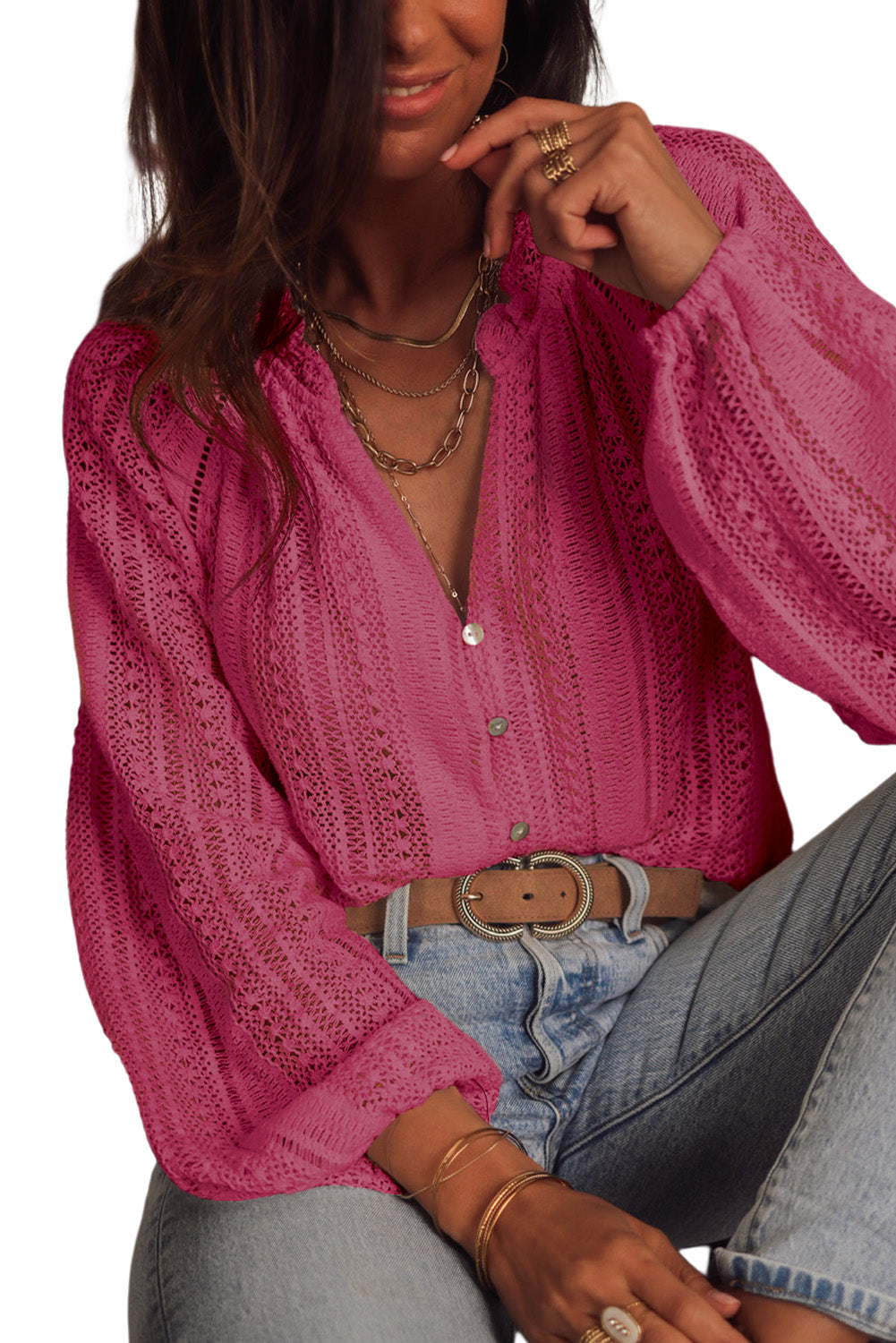 Blouse - Notch Neck Raglan Sleeve Crochet