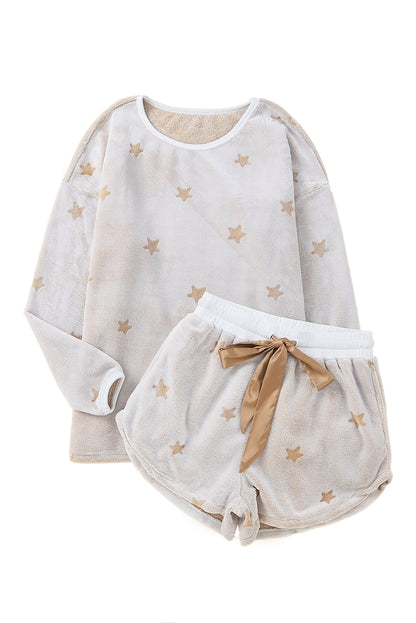 White Star Print Long Sleeve Top & Shorts Loungewear Set