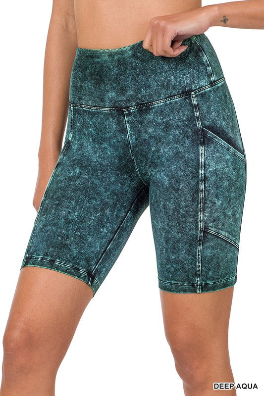 Zenana Mineral Wash Wide Waistband Biker Shorts