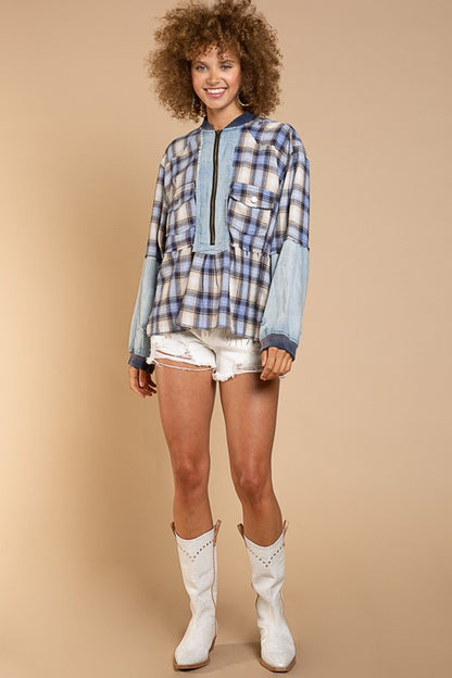 Pol Patchwork Denim plaid Pullover