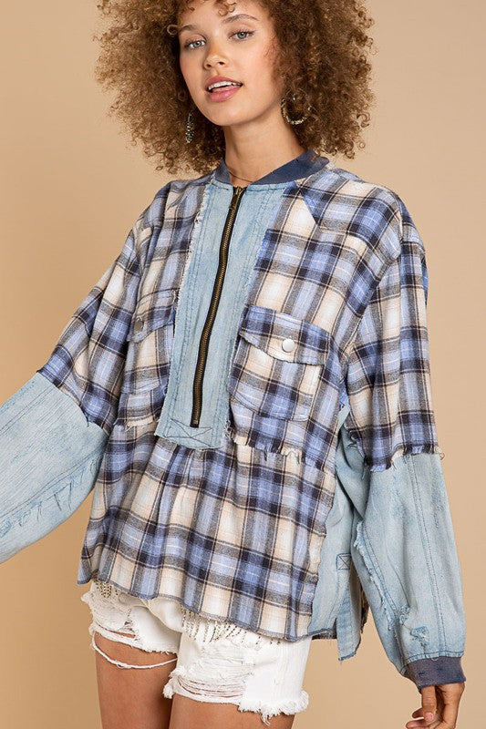 Pol Patchwork Denim plaid Pullover