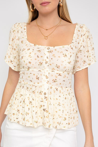 BUTTON DOWN BACK SMOCKING DITSY PRINT TOP