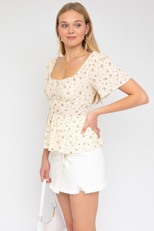 BUTTON DOWN BACK SMOCKING DITSY PRINT TOP