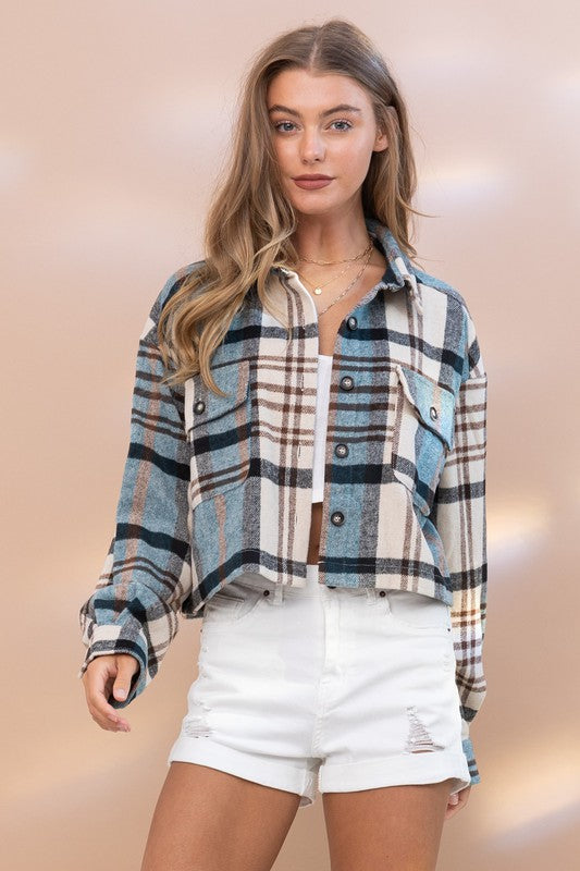 Blue B Plaid Crop Shirt Jacket