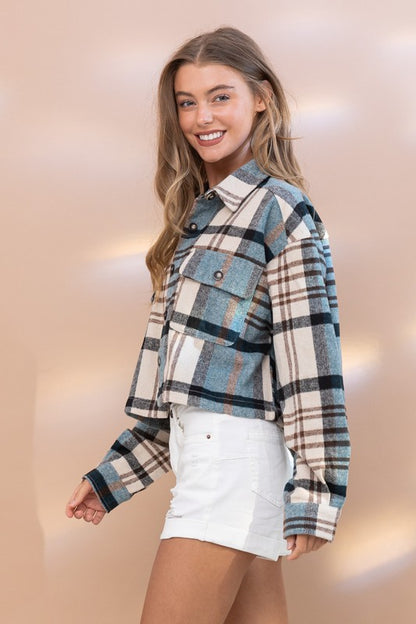 Blue B Plaid Crop Shirt Jacket