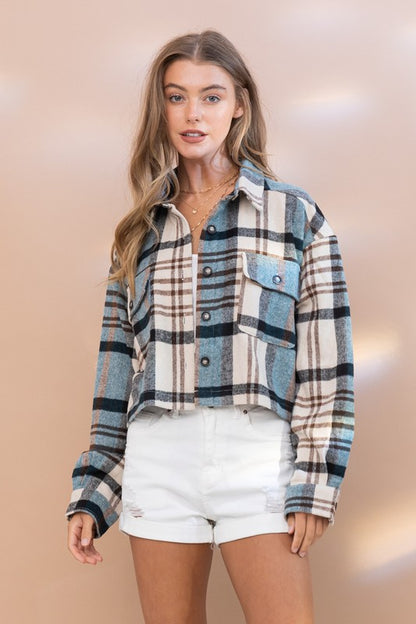 Blue B Plaid Crop Shirt Jacket