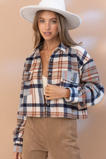 Blue B Plaid Crop Shirt Jacket