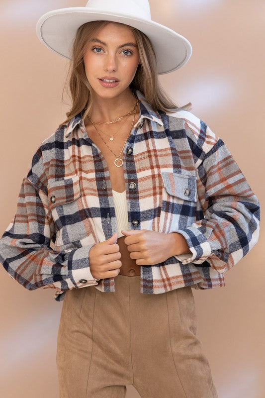 Blue B Plaid Crop Shirt Jacket