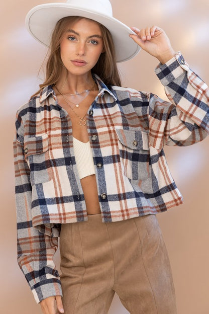 Blue B Plaid Crop Shirt Jacket