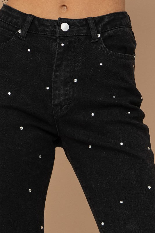 Jeans - "Blue B" Studded Rhinestone Distressed Denim