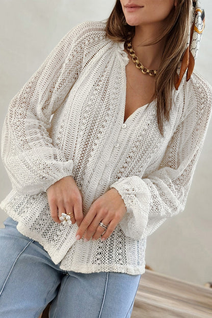 Blouse - Notch Neck Raglan Sleeve Crochet