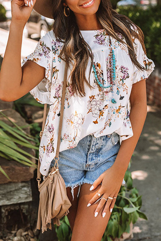 Blouse - Floral Ruffled Knot Short Sleeve