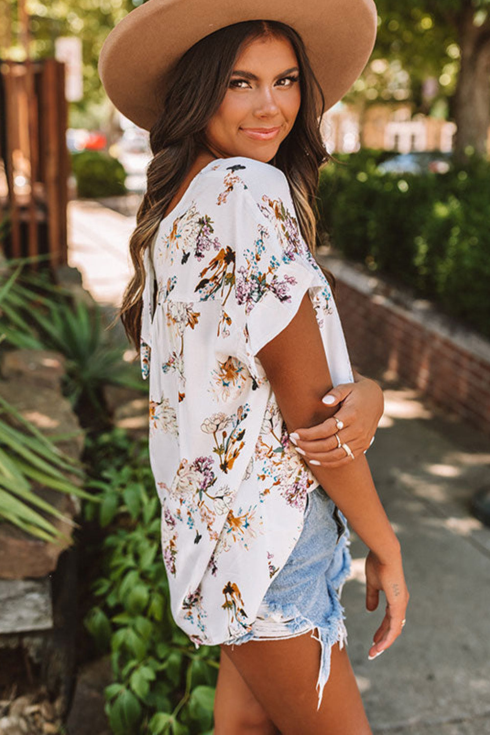 Blouse - Floral Ruffled Knot Short Sleeve