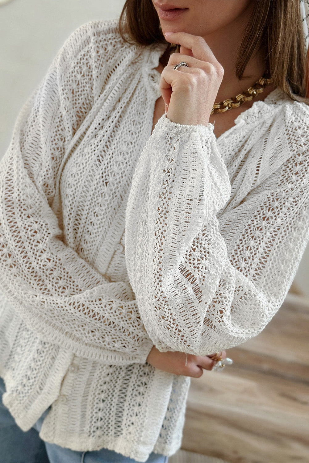 Blouse - Notch Neck Raglan Sleeve Crochet