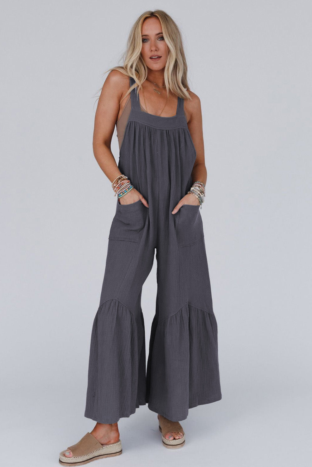 Grey Solid Color Sleeveless Flare Leg Jumpsuit with Pockets