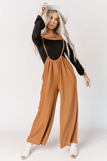 High Rise Drawstring Wide Leg Suspender Pants