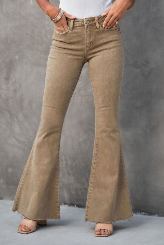 Jeans - Khaki Raw Hem High Waist Flare