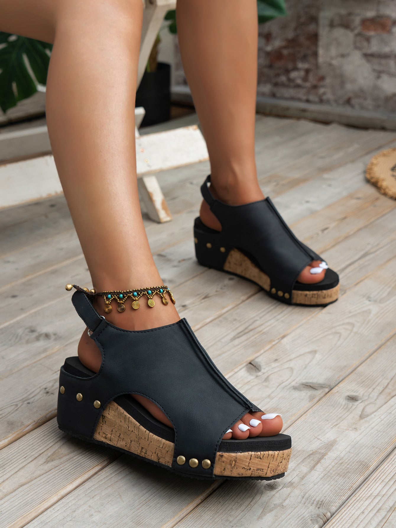 Heels - Vintage Leather Stitching Studded Wedge