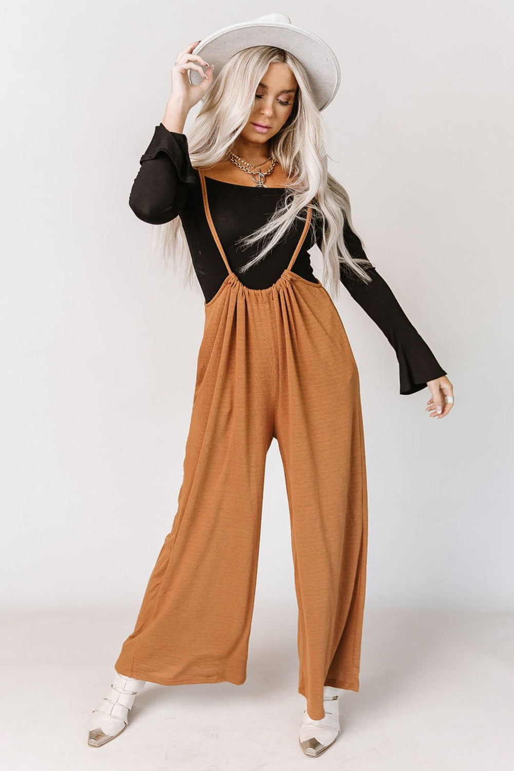 High Rise Drawstring Wide Leg Suspender Pants