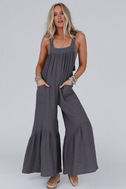 Grey Solid Color Sleeveless Flare Leg Jumpsuit with Pockets