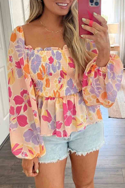 Floral Print Smocked Square Neck Peplum Blouse