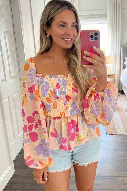 Floral Print Smocked Square Neck Peplum Blouse