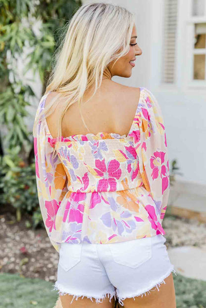 Floral Print Smocked Square Neck Peplum Blouse