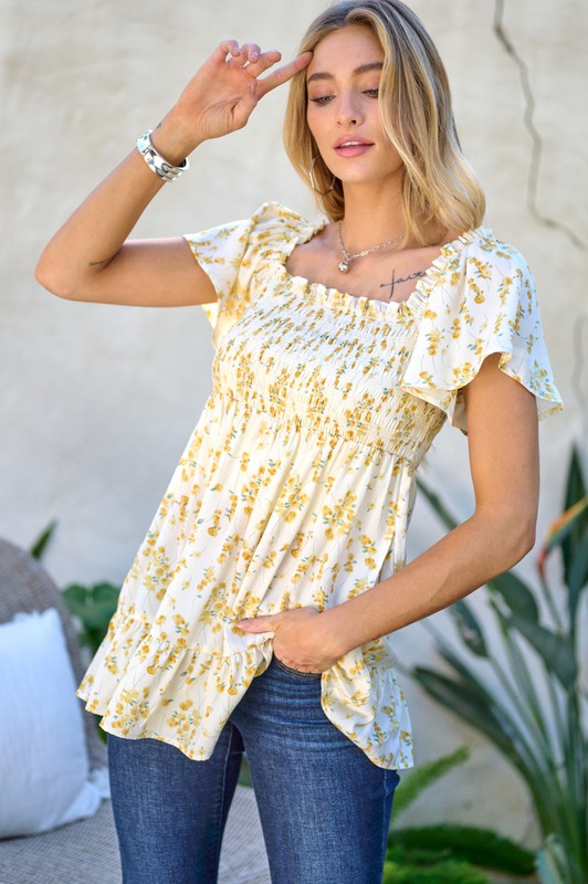 Top - " Davi & Dani" Floral Printed V-Neck Ruffle