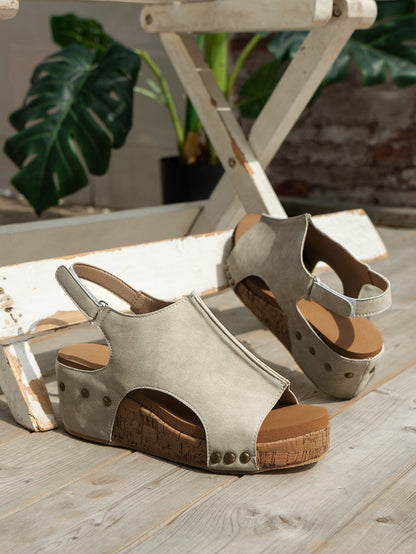 Heels - Vintage Leather Stitching Studded Wedge