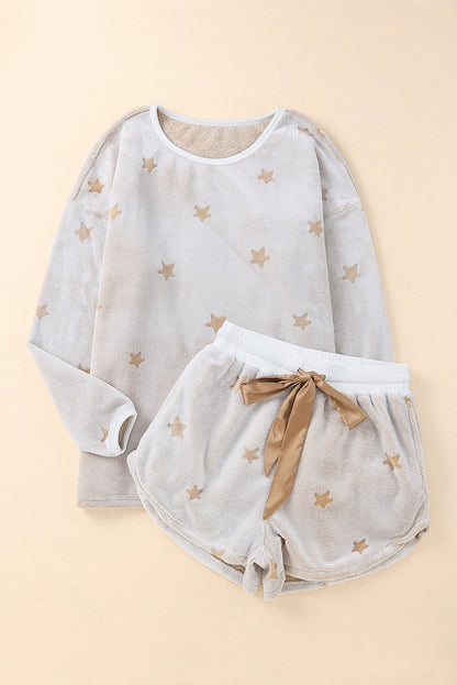 White Star Print Long Sleeve Top & Shorts Loungewear Set