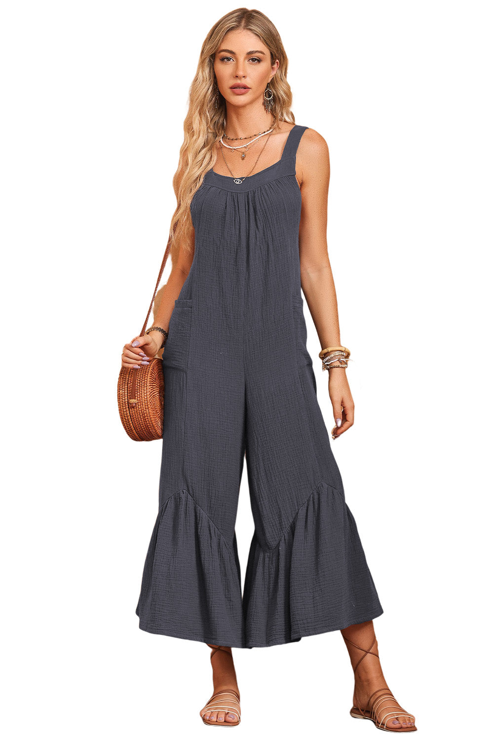 Grey Solid Color Sleeveless Flare Leg Jumpsuit with Pockets