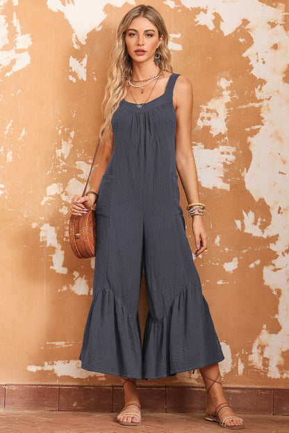 Grey Solid Color Sleeveless Flare Leg Jumpsuit with Pockets