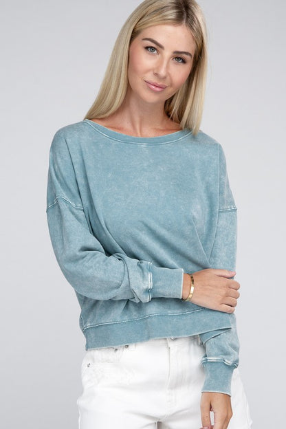 Zenana French Terry Acid Wash Boat Neck Pullover