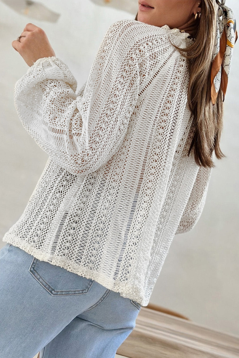 Blouse - Notch Neck Raglan Sleeve Crochet