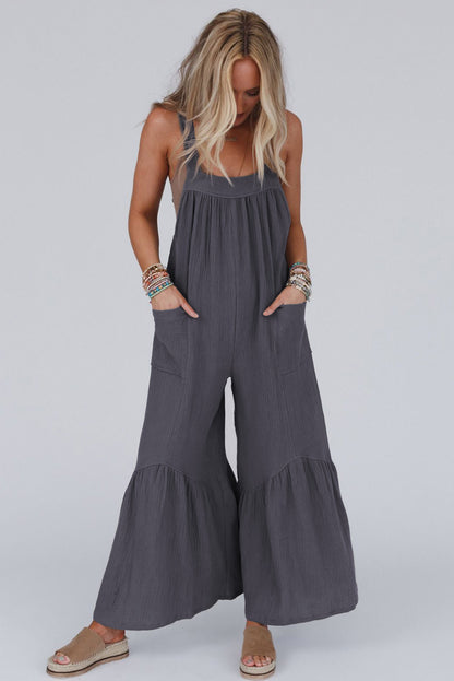 Grey Solid Color Sleeveless Flare Leg Jumpsuit with Pockets