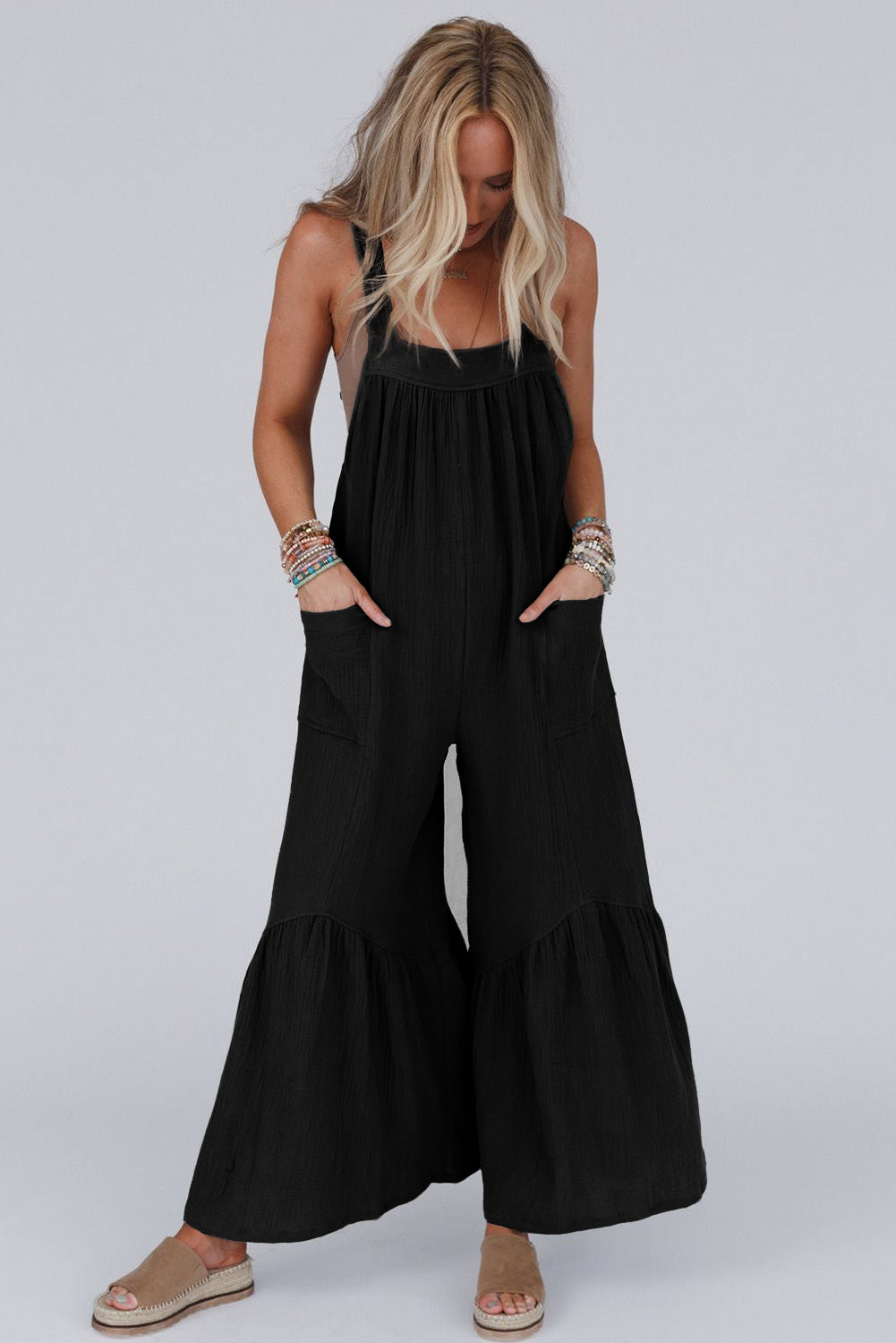 Grey Solid Color Sleeveless Flare Leg Jumpsuit with Pockets