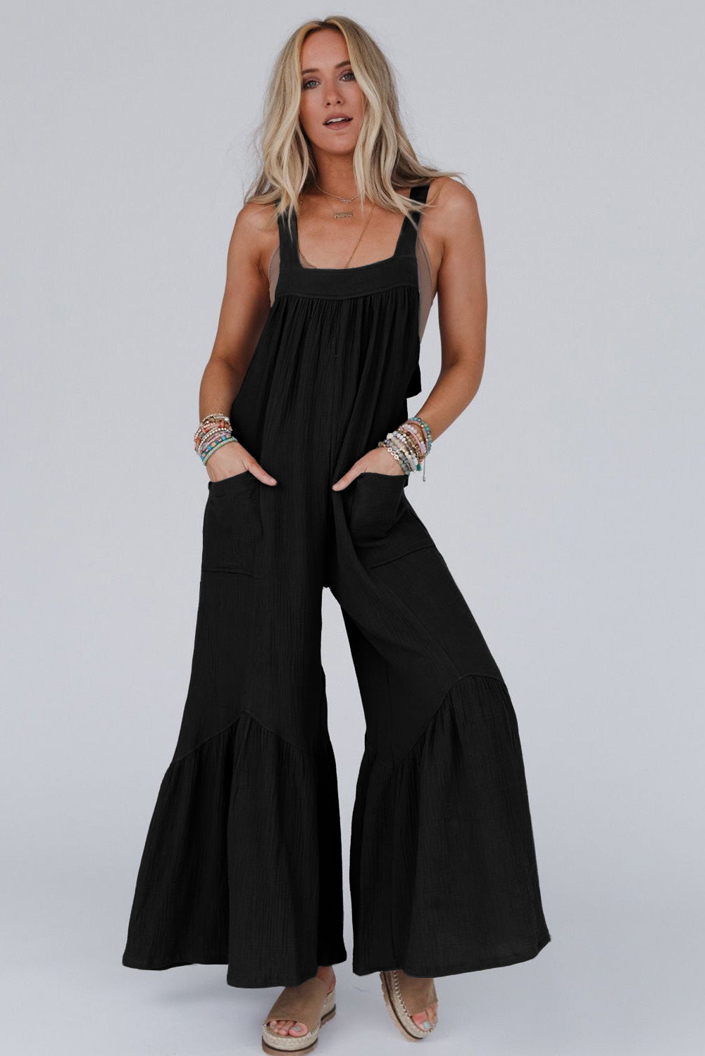 Grey Solid Color Sleeveless Flare Leg Jumpsuit with Pockets