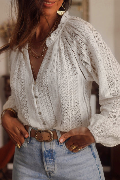 Blouse - Notch Neck Raglan Sleeve Crochet