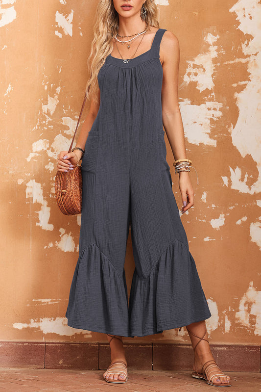 Grey Solid Color Sleeveless Flare Leg Jumpsuit with Pockets