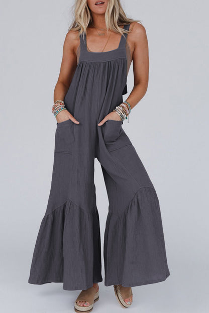 Grey Solid Color Sleeveless Flare Leg Jumpsuit with Pockets