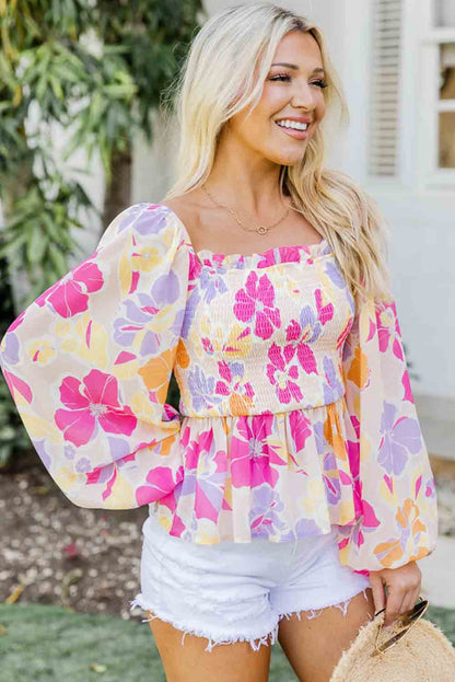 Floral Print Smocked Square Neck Peplum Blouse