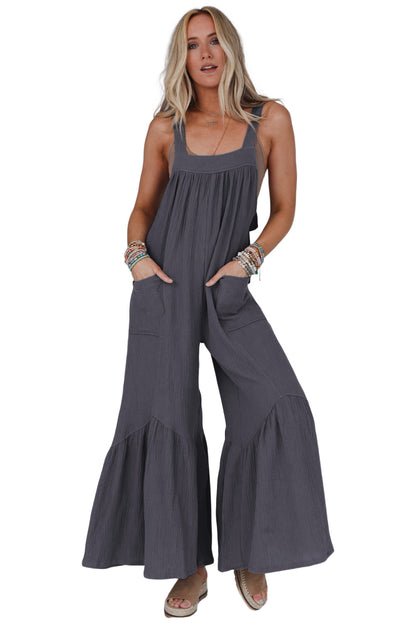 Grey Solid Color Sleeveless Flare Leg Jumpsuit with Pockets