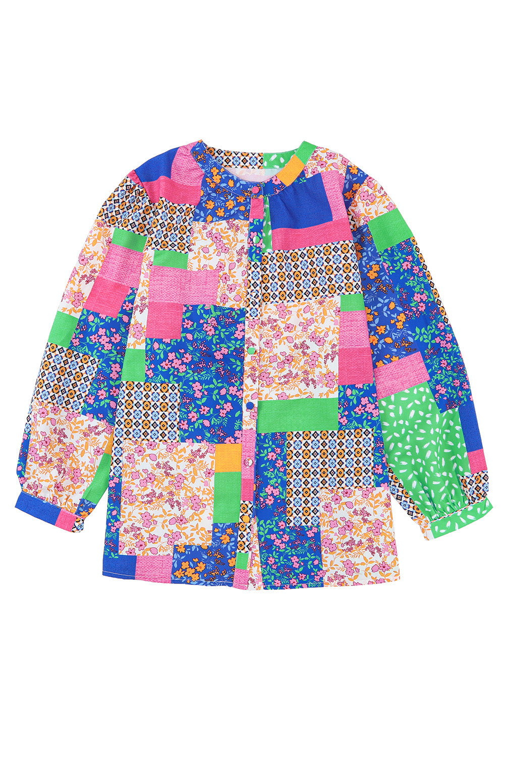 Blouse - Floral Colorblock Puff Sleeve