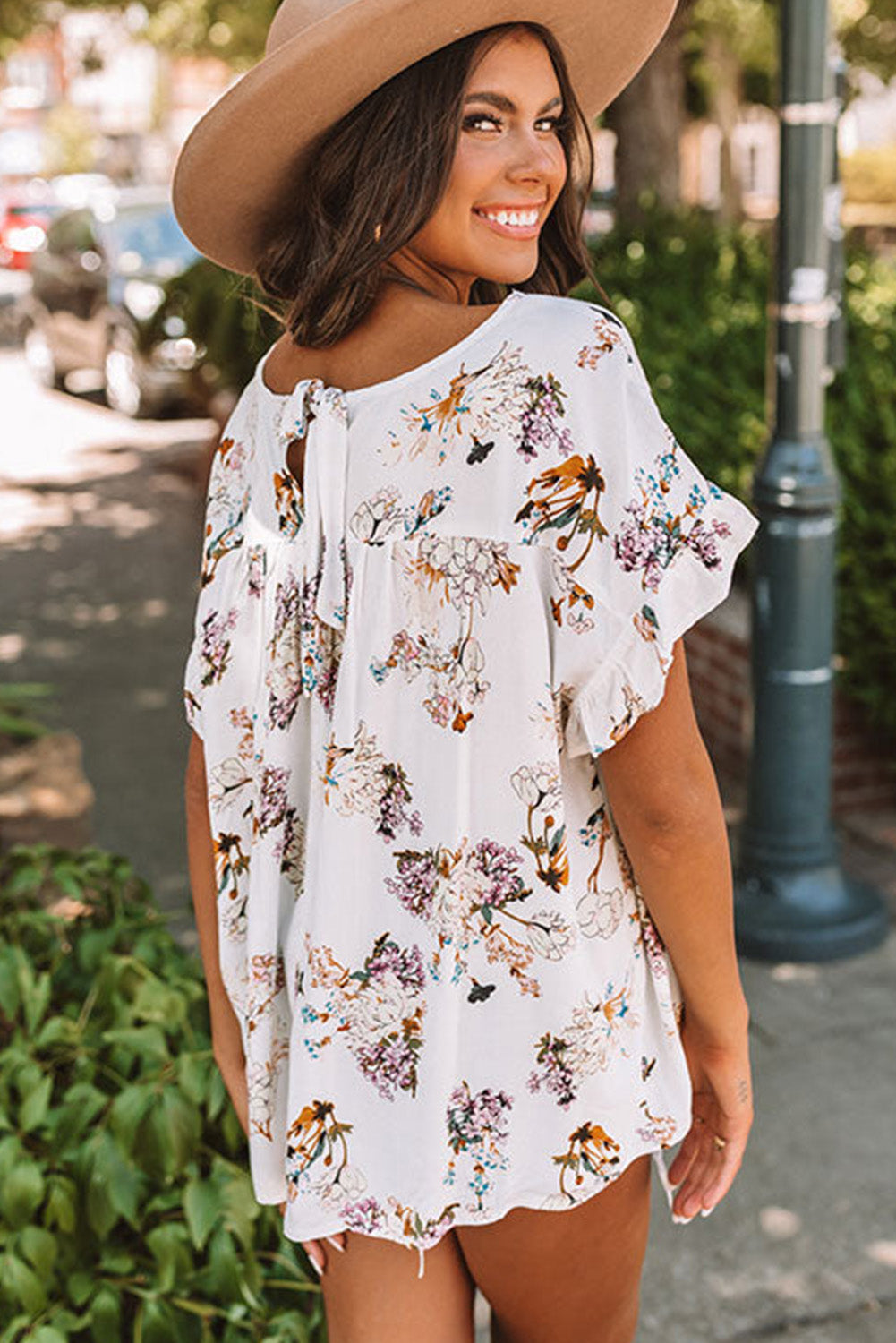 Blouse - Floral Ruffled Knot Short Sleeve