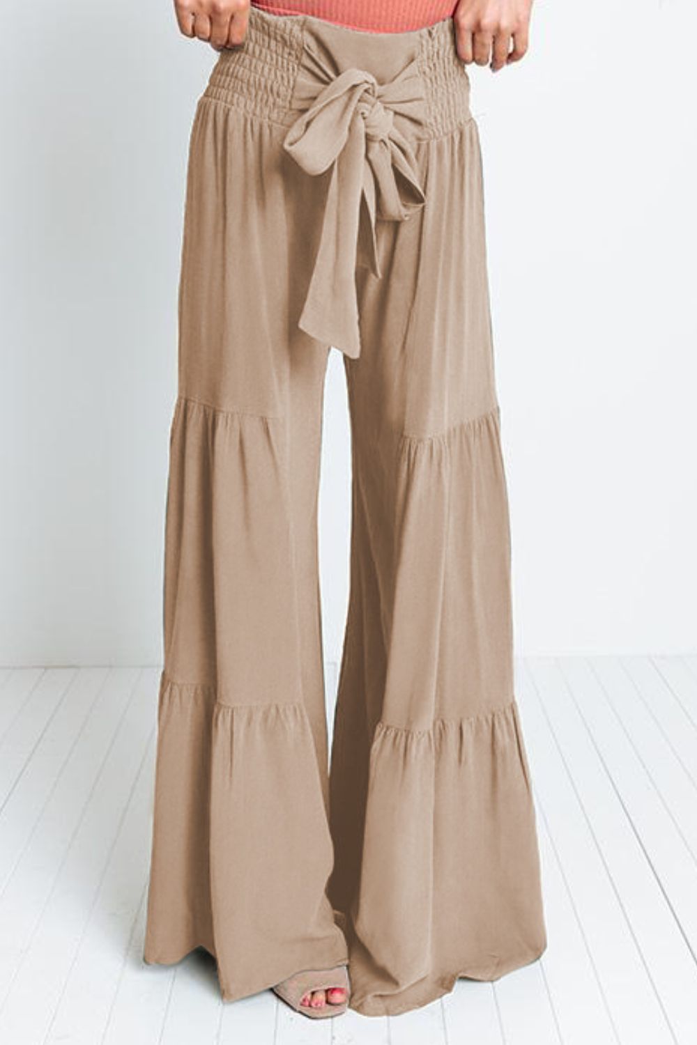 Pants - Tie Front Smocked Tiered Culottes