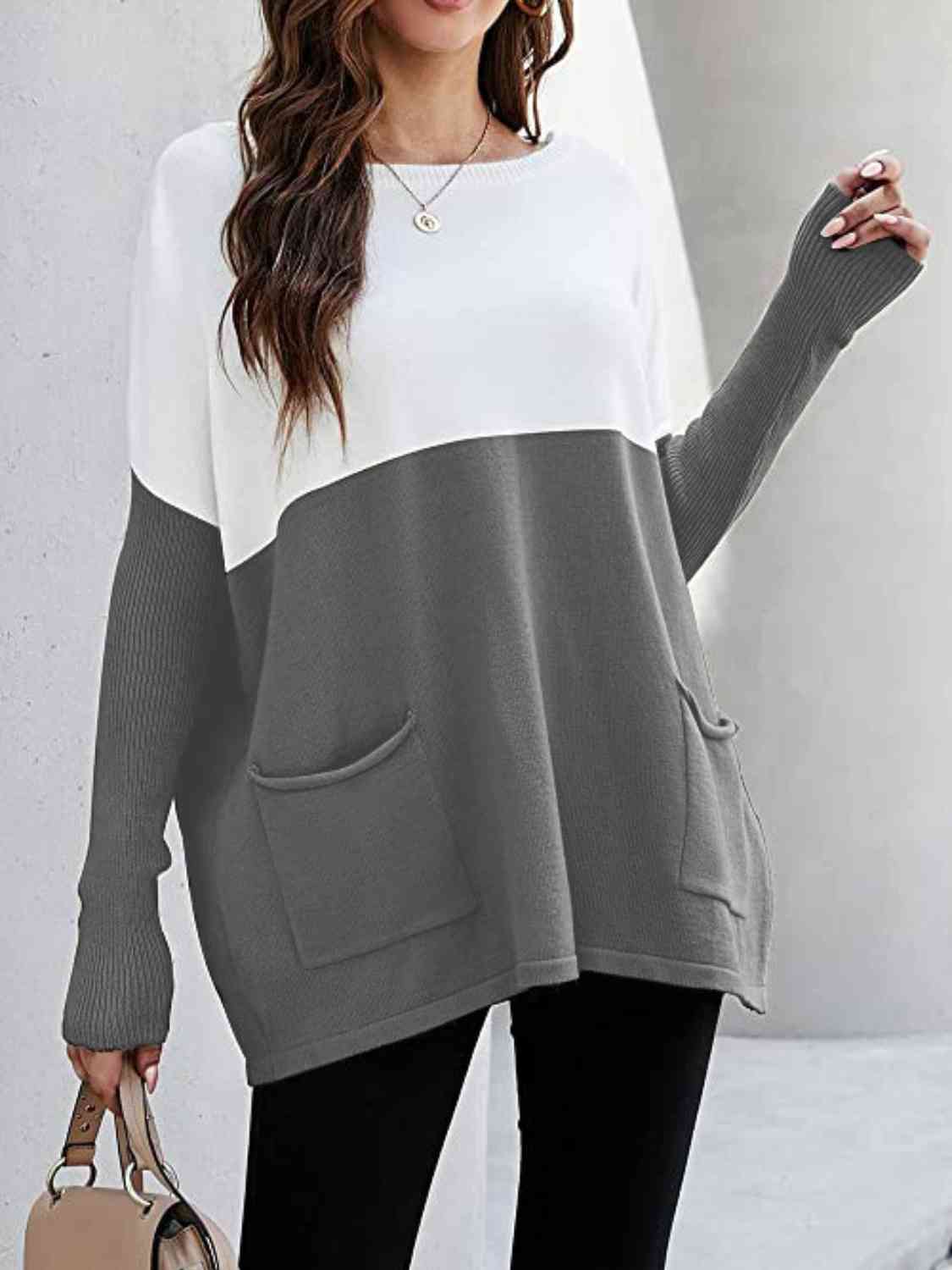 Sweater - Two Tone Pullover  with Pockets