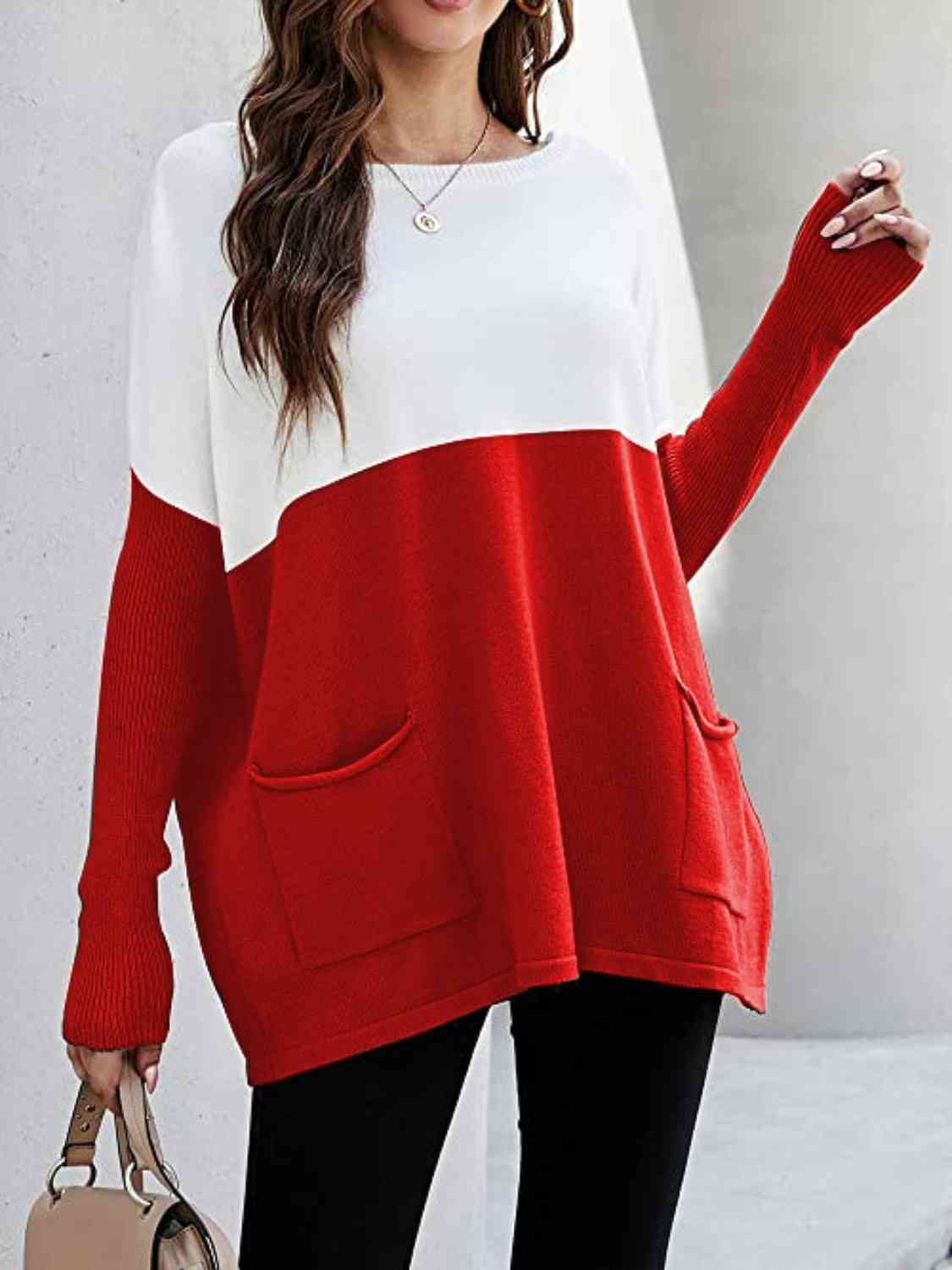 Sweater - Two Tone Pullover  with Pockets