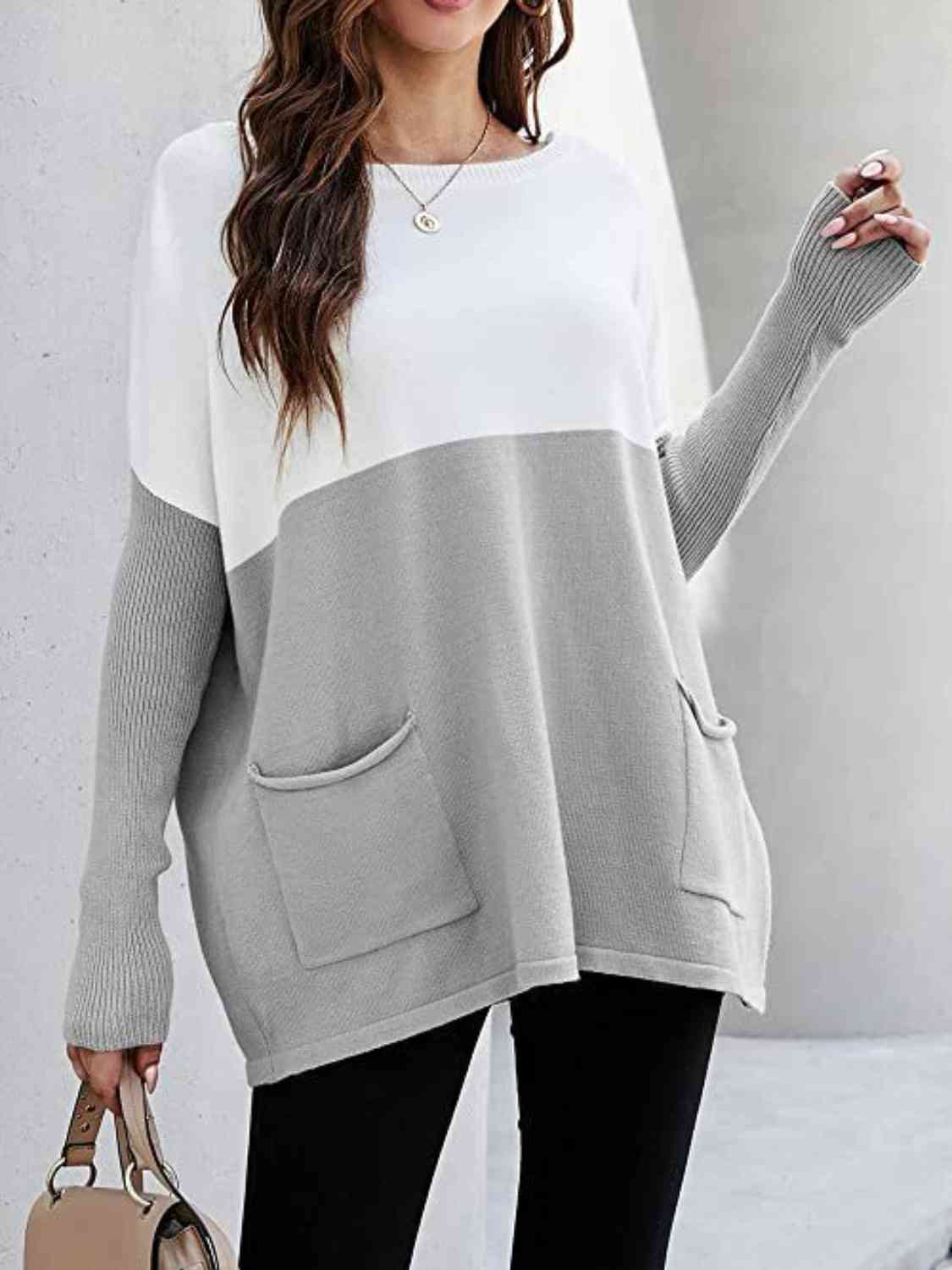 Sweater - Two Tone Pullover  with Pockets